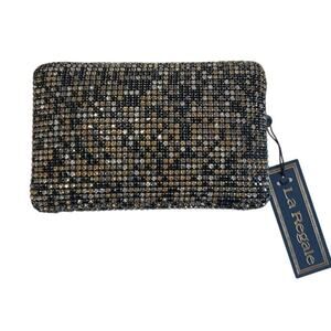 La Regale Black, Silver, & Gold Luxury Mesh Rhinestone Studded Minadiere Clutch!